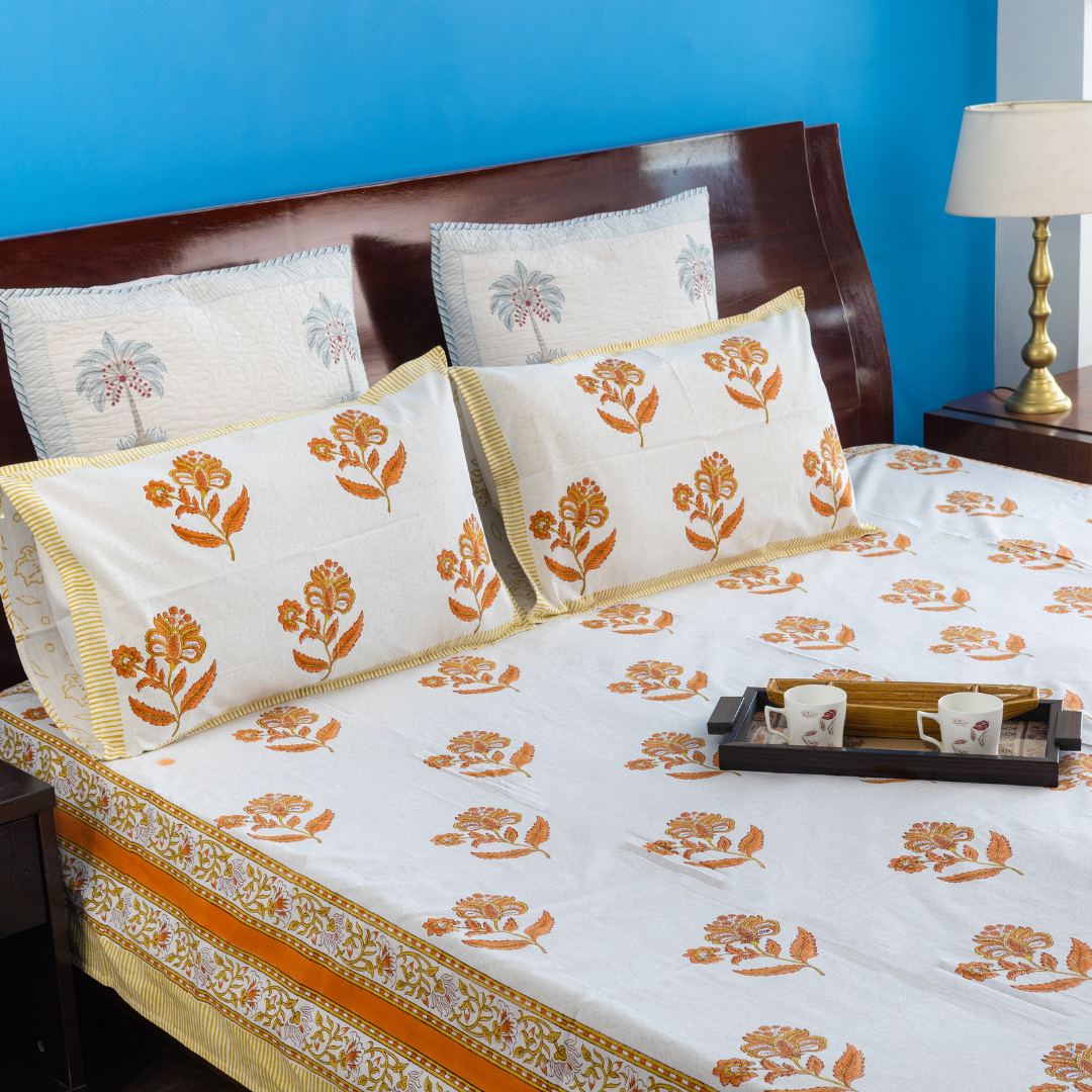 KalaIndia Yellow Leaf Print Bedsheet – printed cotton bed sheets (close-up of the hand block print detail)