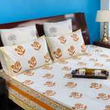 KalaIndia Yellow Leaf Print Bedsheet – printed cotton bed sheets (close-up of the hand block print detail)