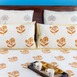 KalaIndia Yellow Leaf Print Bedsheet – floral bedsheet (styled on a bed)