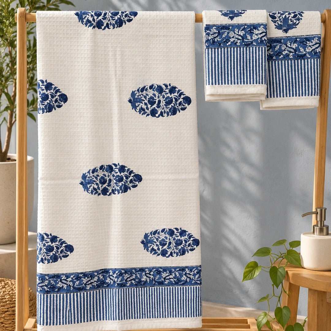 Indigo Bloom Handprinted Cotton Bath Towel Set of 3